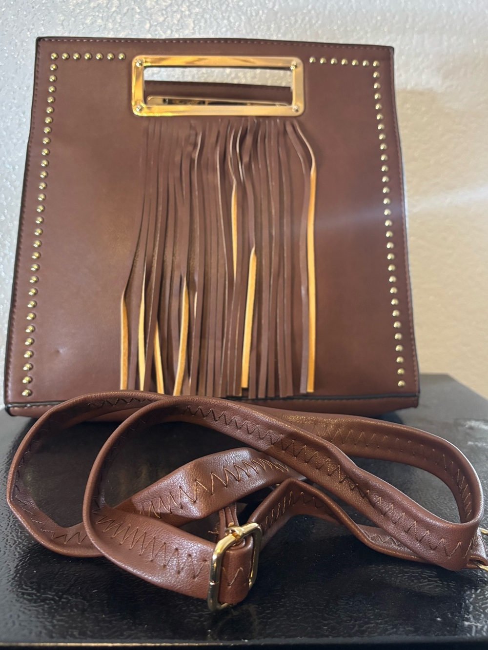 Brown Fringe Crossbody Bag with Gold Accent Hardware